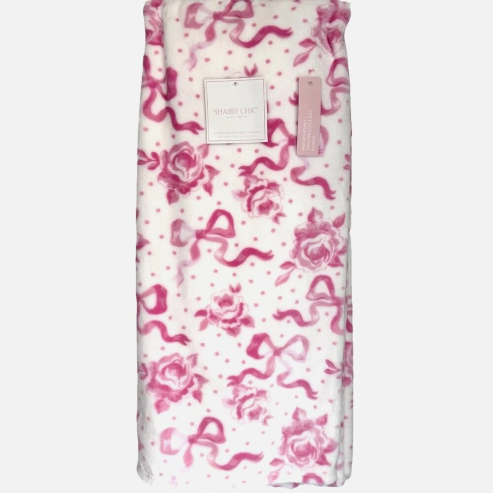Shabby Chic Pink Floral Coquette Bow Roses Soft Microfleece Throw Blanket 50x60